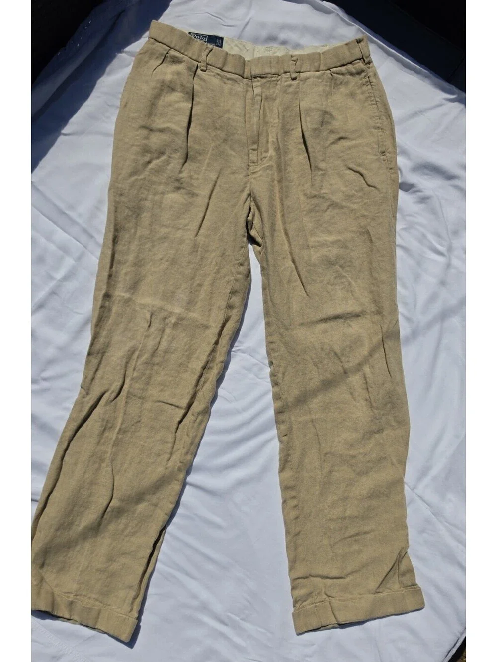 Vintage Polo by Ralph Lauren Men’s 34x32 100% Linen Pleated Cuffed Pants Tan